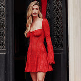 Romantic Lace Mini Dress with Bell Sleeves Red