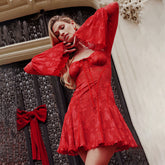 Romantic Lace Mini Dress with Bell Sleeves Red