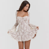 Romantic Lace Mini Dress with Bell Sleeves White
