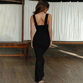 Ruched Mermaid Maxi Dress with Ruffle Hem Black