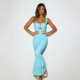 Ruched Mermaid Maxi Dress with Ruffle Hem Lake Blue