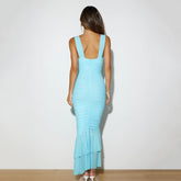Ruched Mermaid Maxi Dress with Ruffle Hem Lake Blue