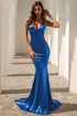 Satin Mermaid Gown With Spaghetti Straps And V-Neckline Blue