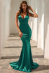 Satin Mermaid Gown With Spaghetti Straps And V-Neckline Dark Green