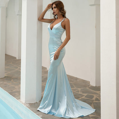 Satin Mermaid Gown With Spaghetti Straps And V-Neckline Lake Blue