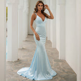 Satin Mermaid Gown With Spaghetti Straps And V-Neckline Lake Blue