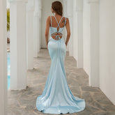 Satin Mermaid Gown With Spaghetti Straps And V-Neckline Lake Blue