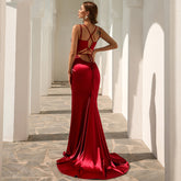Satin Mermaid Gown With Spaghetti Straps And V-Neckline Red