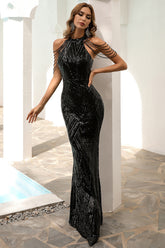 Sequin Mermaid Gown With Cold Shoulder Design Black