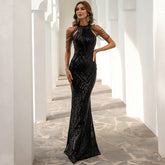 Sequin Mermaid Gown With Cold Shoulder Design Black