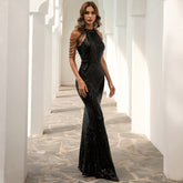 Sequin Mermaid Gown With Cold Shoulder Design Black