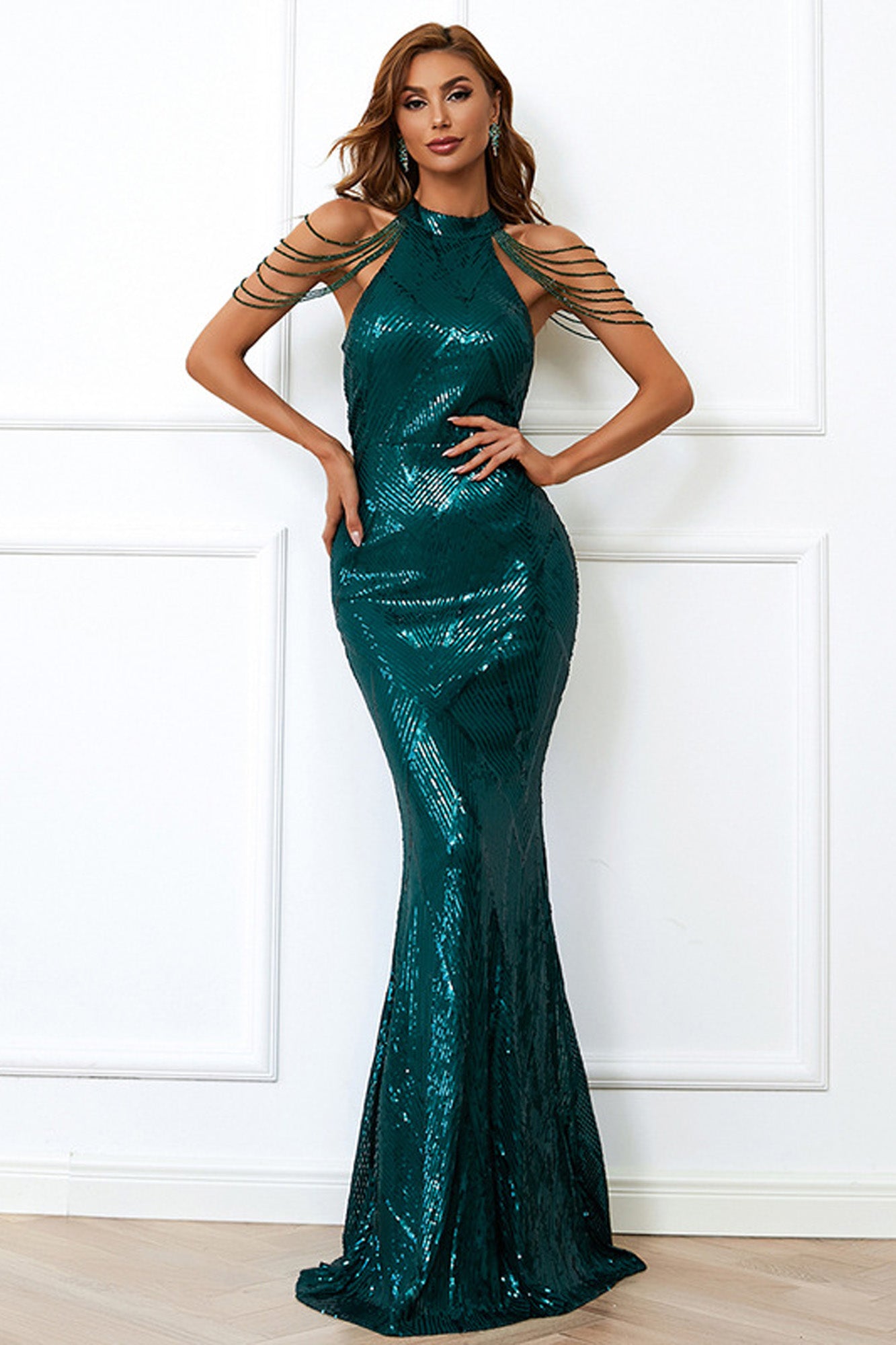 Sequin Mermaid Gown With Cold Shoulder Design Emerald Green