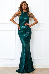 Sequin Mermaid Gown With Cold Shoulder Design Emerald Green