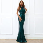 Sequin Mermaid Gown With Cold Shoulder Design Emerald Green