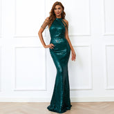 Sequin Mermaid Gown With Cold Shoulder Design Emerald Green