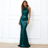 Sequin Mermaid Gown With Cold Shoulder Design Emerald Green