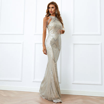 Sequin Mermaid Gown With Cold Shoulder Design Sliver