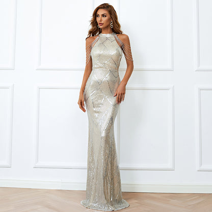 Sequin Mermaid Gown With Cold Shoulder Design Sliver