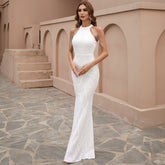 Sequin Mermaid Gown With Cold Shoulder Design White