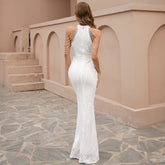 Sequin Mermaid Gown With Cold Shoulder Design White