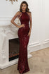 Sequin Mermaid Gown With Cold Shoulder Design Wine Red