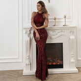 Sequin Mermaid Gown With Cold Shoulder Design Wine Red