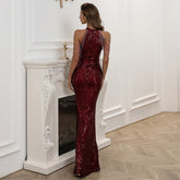 Sequin Mermaid Gown With Cold Shoulder Design Wine Red