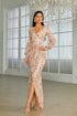 Sequin Wrap Gown with V-Neck and High Slit Champagne