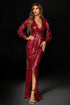 Sequin Wrap Gown with V-Neck and High Slit Red