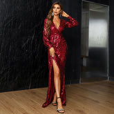 Sequin Wrap Gown with V-Neck and High Slit Red