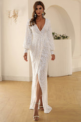 Sequin Wrap Gown with V-Neck and High Slit White