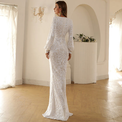 Sequin Wrap Gown with V-Neck and High Slit White
