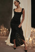 Sleeveless Lace Gown with Ruched Waist and Asymmetrical Hem Black