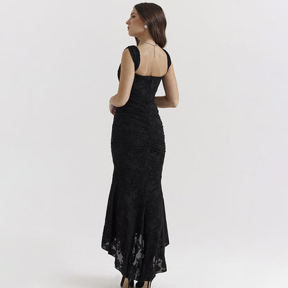 Sleeveless Lace Gown with Ruched Waist and Asymmetrical Hem Black