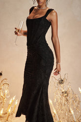 Sleeveless Lace Gown with Ruched Waist and Asymmetrical Hem Black
