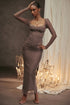 Sleeveless Lace Gown with Ruched Waist and Asymmetrical Hem Dark Brown