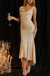 Sleeveless Lace Gown with Ruched Waist and Asymmetrical Hem Off-White