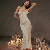 Sleeveless Lace Gown with Ruched Waist and Asymmetrical Hem Off-White