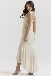 Sleeveless Lace Gown with Ruched Waist and Asymmetrical Hem Off-White