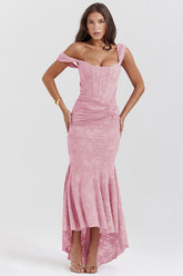 Sleeveless Lace Gown with Ruched Waist and Asymmetrical Hem Pink