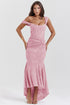 Sleeveless Lace Gown with Ruched Waist and Asymmetrical Hem Pink