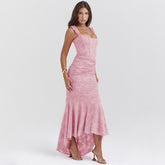 Sleeveless Lace Gown with Ruched Waist and Asymmetrical Hem Pink