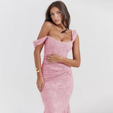 Sleeveless Lace Gown with Ruched Waist and Asymmetrical Hem Pink