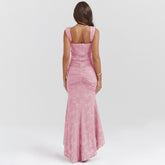 Sleeveless Lace Gown with Ruched Waist and Asymmetrical Hem Pink