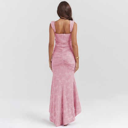 Sleeveless Lace Gown with Ruched Waist and Asymmetrical Hem Pink