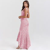 Sleeveless Lace Gown with Ruched Waist and Asymmetrical Hem Pink