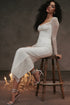Sleeveless Lace Gown with Ruched Waist and Asymmetrical Hem White