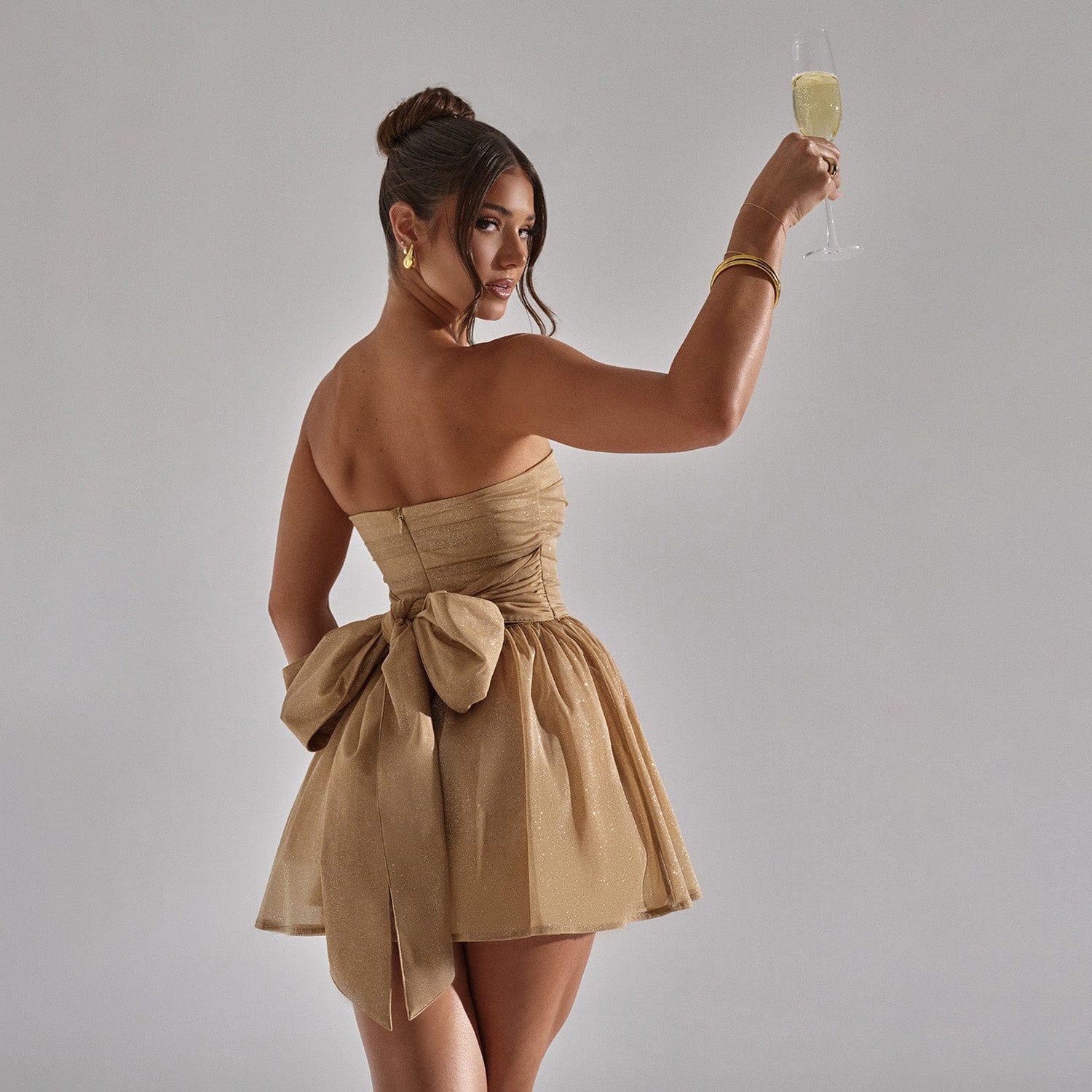 Strapless Glitter Mini Dress with Bow Back Champagne
