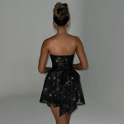 Strapless Glitter Mini Dress with Bow Back White