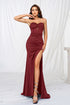 Strapless High-Slit Evening Gown With Ruched Bodice Wine Red